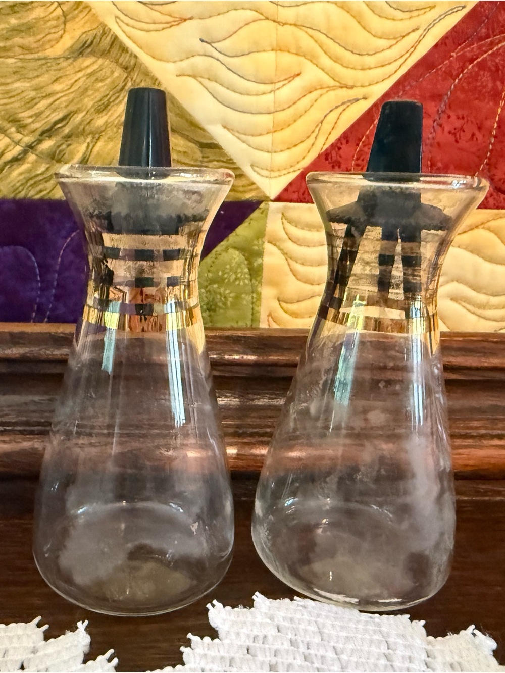 Vintage Pyrex Clear Glass Cruet Oil and Vinegar Set with Gold Bands MCM